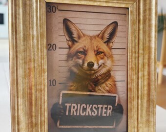 Mugshot portrait of a cute whimsy unique fox in sepia style in gold frame