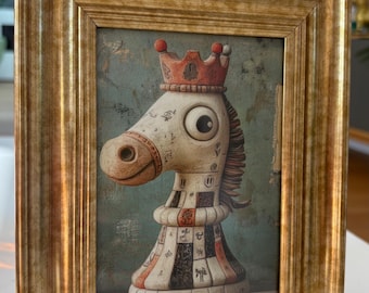 Arty chess knight house print in whimsical unique textured style wall art decor in gold frame