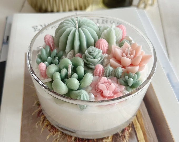 Succulent Candle Cactus and Flower Soy and Bees Wax Candle Beautiful