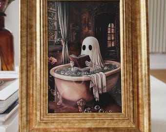 Ghost reading in a bathtub picture unique goth art print Halloween gothic wall decor in vintage style frame