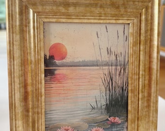 Lotus flower unique ethereal celestial textured looking art print spiritual wall decor in vintage style gold frame