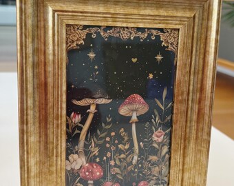 Artistic Nature mushroom and woodland gothic mystical ethereal picture art print in vintage style gold frame