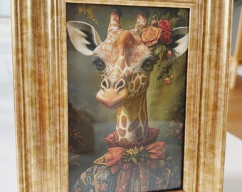 Giraffe wearing an exotic outfit portrait in whimsical arty style in a gold frame