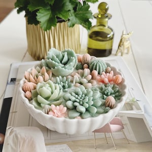 Op de afbeelding: Een decoratieve kaars in een witte, geschulpte kom, met was in de vorm van vetplanten in groen- en perziktinten. De kaars staat op een tijdschrift met de tekst "HAMMONDS". Een vaas met roze bloemen en een groene glazen fles zijn ook aanwezig.