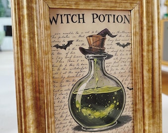 Green Magic potion and bats in apothecary unique gothic art print picture astral wall decor in gold frame