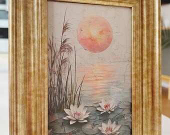 Lotus flower unique ethereal celestial textured looking art print spiritual wall decor in vintage style gold frame