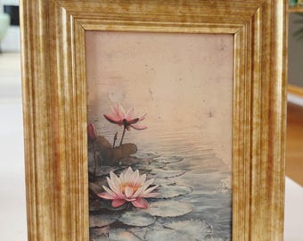 Lotus flower unique ethereal celestial textured looking art print spiritual wall decor in vintage style gold frame