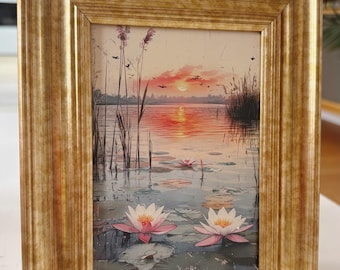 Lotus flower unique ethereal celestial textured looking art print spiritual wall decor in vintage style gold frame