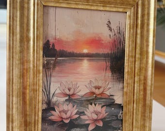 Lotus flower unique ethereal celestial textured looking art print spiritual wall decor in vintage style gold frame