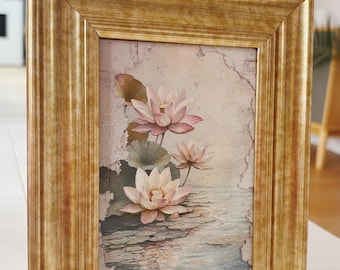Lotus flower unique ethereal celestial textured looking art print spiritual wall decor in vintage style gold frame