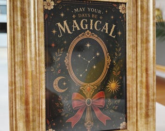 Magical mirror with constellation unique celestial gothic art print picture ethereal wall decor in gold frame