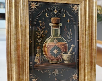 Magic potion with pestle and mortar in apothecary unique celestial gothic art print picture astral wall decor in gold frame