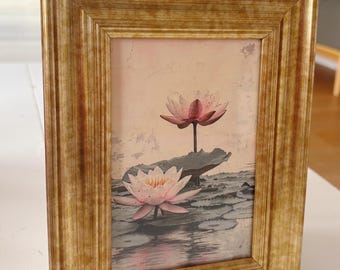 Lotus flower unique ethereal celestial textured looking art print spiritual wall decor in vintage style gold frame