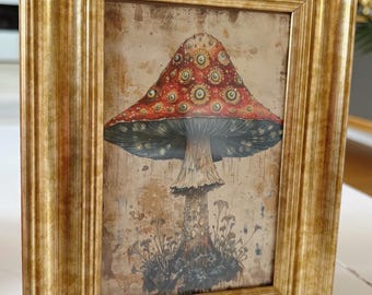Artistic Nature mushroom and woodland gothic mystical ethereal picture art print in vintage style gold frame