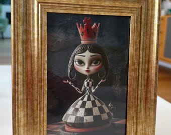 Arty chess Queen print in whimsical unique textured style wall decor in gold frame