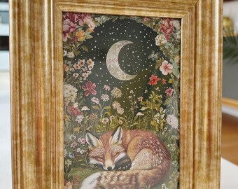 Sleeping fox surrounded by flowers art print unique whimsical wall decor in vintage style gold frame