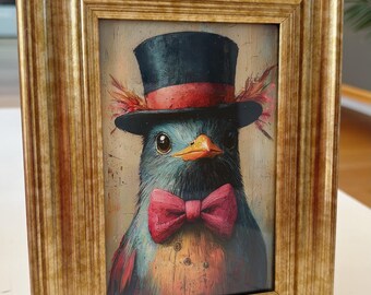 Pigeon wearing a top hat and bow tie portrait in a unique whimsical arty style in a vintage style gold frame