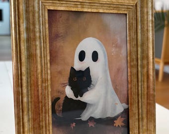 Ghost and black cat cuddling picture unique goth funny art print Halloween gothic wall decor in vintage style frame