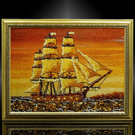 HANDCRAFTED 3D RELIEF PAINTING Mineral Baltic Amber– Luxury Ship Art – Unique Piece