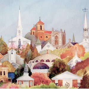 Westfield Steeples, Churches & Other Houses of Worship in Westfield, New Jersey. An digital print on paper by artist Jane H. Annis