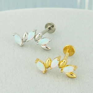 1pc Push Pin F136 Titanium Marquise Opal Cluster Flat Back Stud Earring, 3 Gem Stones, 16G 8mm Minimal Ear Lobe Tragus Cartilage Piercing