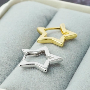 Pair of Sterling Star Huggie Hoop Earring, 4 Loop Sizes in Silver or Plated Gold, Opulent Ear Nose Labret Stacking Piercing, Helix Cuff Ring