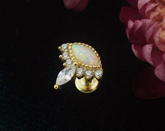 1pc of Marquise Opal & CZ Stud Earring in 18ct Gold Plated over Sterling Silver, Tragus Cartilage Piercing