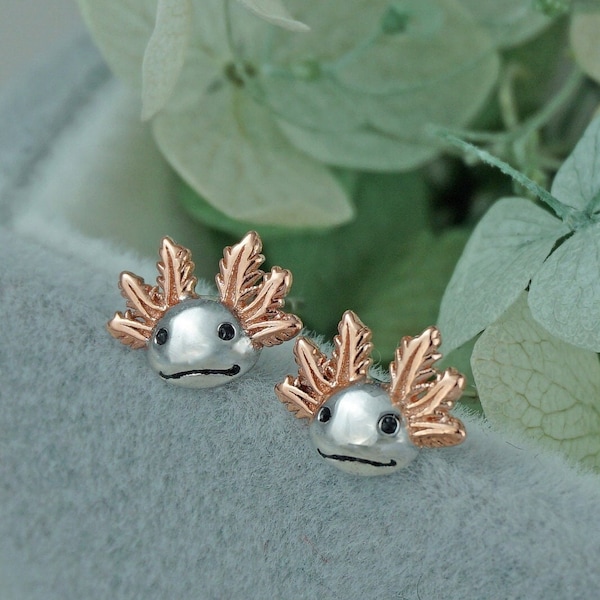 Pair of Tiny Axolotl Stud Earring in 925 Sterling Silver with Rose Gold Plated External Gill Stalk, Whimsical Sea Creature Ear Lobe Piercing