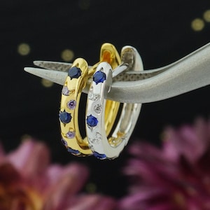 Pair of Tiny Starlight Hoop Earring in 925 Sterling Silver or Plated Gold, Star Engravings and Dazzling Blue CZ, Celestial Astrological Gift
