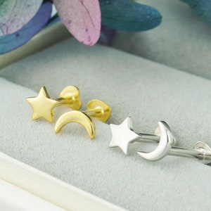Pair of Sterling Tiny Crescent Moon & Star Stud Earring in Silver or Plated Gold, Mismatched Asymmetric Duo Ear Lobe Piercing with Flat Back