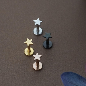 1 Pc Stainless Tiny Star Stud Earing in Steel, Golden, Black or Rose Gold Flat Screw Back Mini Ear Lobe Helix Labret Piercing, 6 or 8mm Post