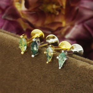 1pc Tiny Natural Green Moss Agate Flat Back Stud Earring in Sterling Silver or Plated Gold, Dainty Marquise/Kite Shape Helix Tragus Piercing