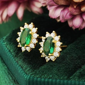 Pair of Halo Oval Emerald Green CZ Stud Earring in 14ct Gold Plated over Sterling Silver, Romantic Vintage Inspired Flower Ear Lobe Piercing