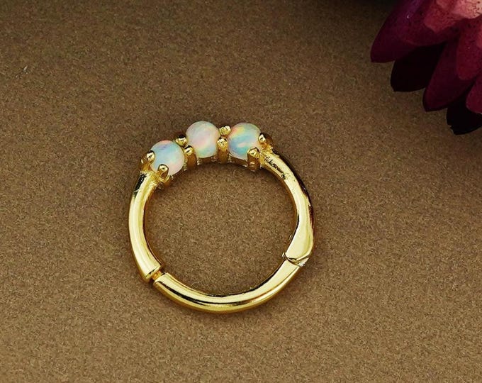 Featured listing image: 1pc of 16G Hinged Fire Opal Daith Earring Hoop in 18ct Gold Plated over Sterling Silver, Helix Cartilage Clicker, Septum Nose Ring Piercing