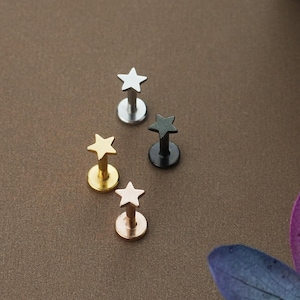 1 Pc Stainless Tiny Star Stud Earing in Steel, Golden, Black or Rose Gold Flat Screw Back Mini Ear Lobe Helix Labret Piercing, 6 or 8mm Post