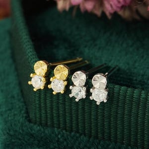 Pair of Tiny CZ Stud Earrings in Sterling Silver or 18ct Plated Gold, Dainty Small Crystal Gem Ear Lobe Tragus Cartilage Piercing