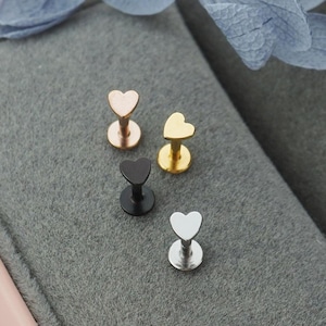 Stainless Tiny Love Heart Stud Earring in Steel, Black, Rose Gold or Golden Color, Flat Screw Back Mini Ear Labret Piercing, 6mm or 8mm post