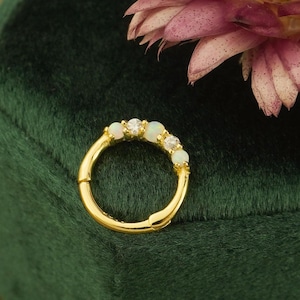 1pc of 18G Hinged Opal & CZ Stone Daith Earring Hoop in 18ct Gold Plated Sterling Silver, Helix Cartilage Clicker, Septum Nose Ring Piercing