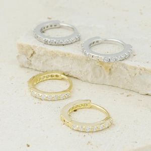 Pair of Skinny CZ Paved Huggie Hoop Earrings in 4 Sizes, Gold or Rhodium Plated Sterling Silver, Front & back Sparkly Crystals