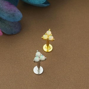 Trinity Fire Opal Flat Back Stud Earring in Sterling Silver or Plated Gold, Tiny Opulent Trio Gem Triangle Stacking Piercing
