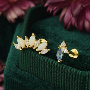 1pc Flat Screw Back Marquise Opal / Blue CZ Stud Earring in 18k Gold Plated over Sterling Silver, Lobe Tragus Cartilage Stacking Piercing