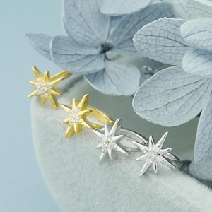 Pair of Tiny Starburst Huggie Hoop Earring in 925 Sterling Silver or Plated Gold, Sunburst CZ Crystal Gem 6mm Ear Cartilage Piercing