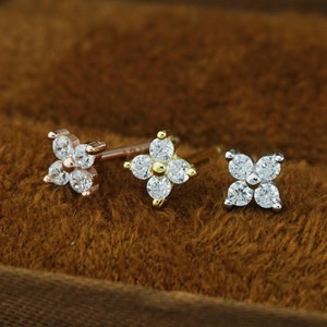 Pair of Tiny Quartet CZ Stud Earring in Sterling Silver, Golden or Rose Gold Finish, Sparkly 4 Small Dots Hydrangea Flower Ear Lobe Piercing