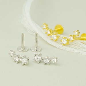 Pair of Tiny Trio CZ Stud Earring with Flat Back in Sterling Silver or Plated Gold, Sparkly 3 Small Dot Star Climber Curved Ear Lobe Crawler