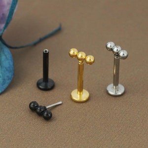 1pc Triple Ball Stainless Push Pin Flat Back Stud Earring - Steel, Golden or Black Finish, Mini Ear Lobe Helix Labret Piercing 16 gauge Post