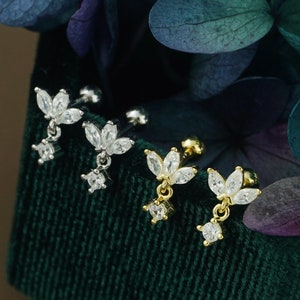 Pair of Marquise Trio CZ Sterling Stud Earring in Silver or Plated Gold, 3 Small Gem Cluster with Crystal Drop, Screw Ball Back Ear Piercing