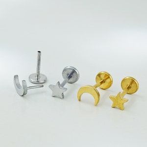 Pair of Stainless Tiny Crescent Moon & Star Push-in Stud Earring in Steel or Golden Colour, Mismatched Asymmetric Duo Ear Lobe Mini Piercing