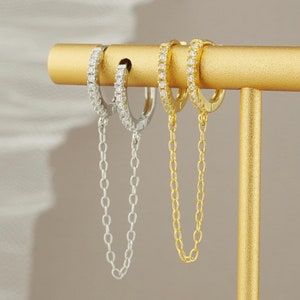 1 pc of Duo Huggie Hoop Earing with Dangly Link Chain in Sterling Silver or 18ct Gold Plated, Tiny CZ Crystal Paved Dainty Ear Lobe Piercing