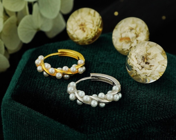 Featured listing image: Elegant Pearl Hoop Earring Pair in Sterling Silver or Plated Gold, Paved Twisted Loop Mini Ear Lobe Piercing, Wedding Present Bridemaid Gift