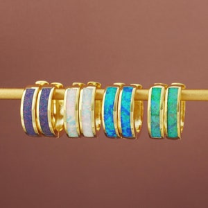 Pair of Elegant Opal Inlay Huggie Hoop Earrings in Gold Plated Brass, Purple, Blue, Green or White Stone, Pretty Bold Ear Lobe Piercing